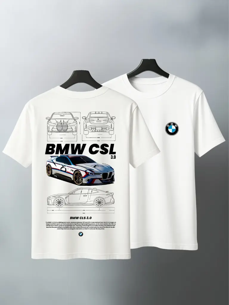 "BMW CSL 3.0" White Colour Half Sleeves T-shirt for Men
